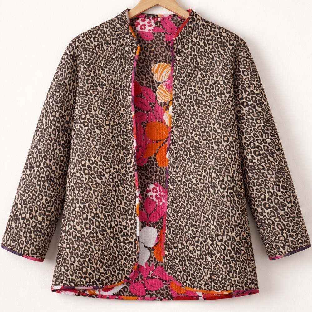 Animal Print Jacket Quilted Blazer Reversible and Dark Floral Print